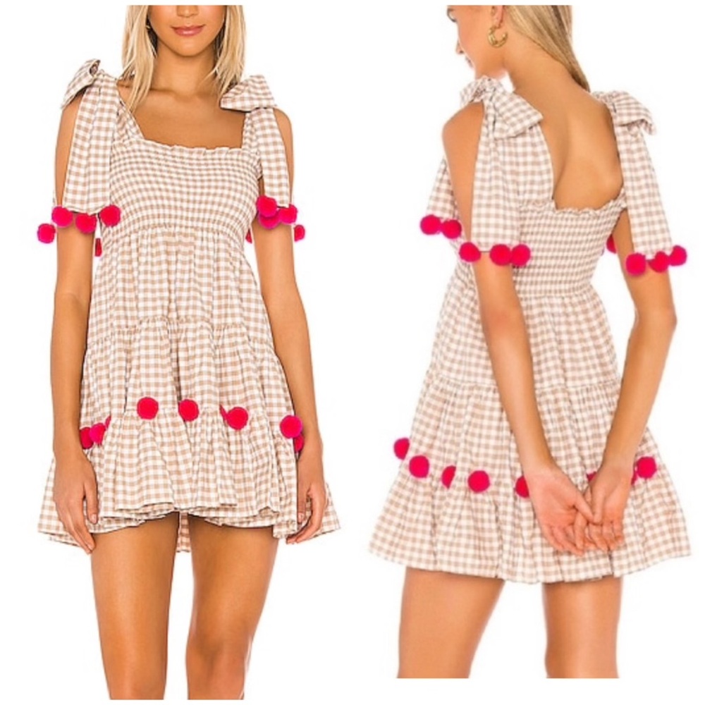 NWT Sundress the Brand Pippa Gingham Fuchsia Pom Pom Tie Shoulder Dress M/L